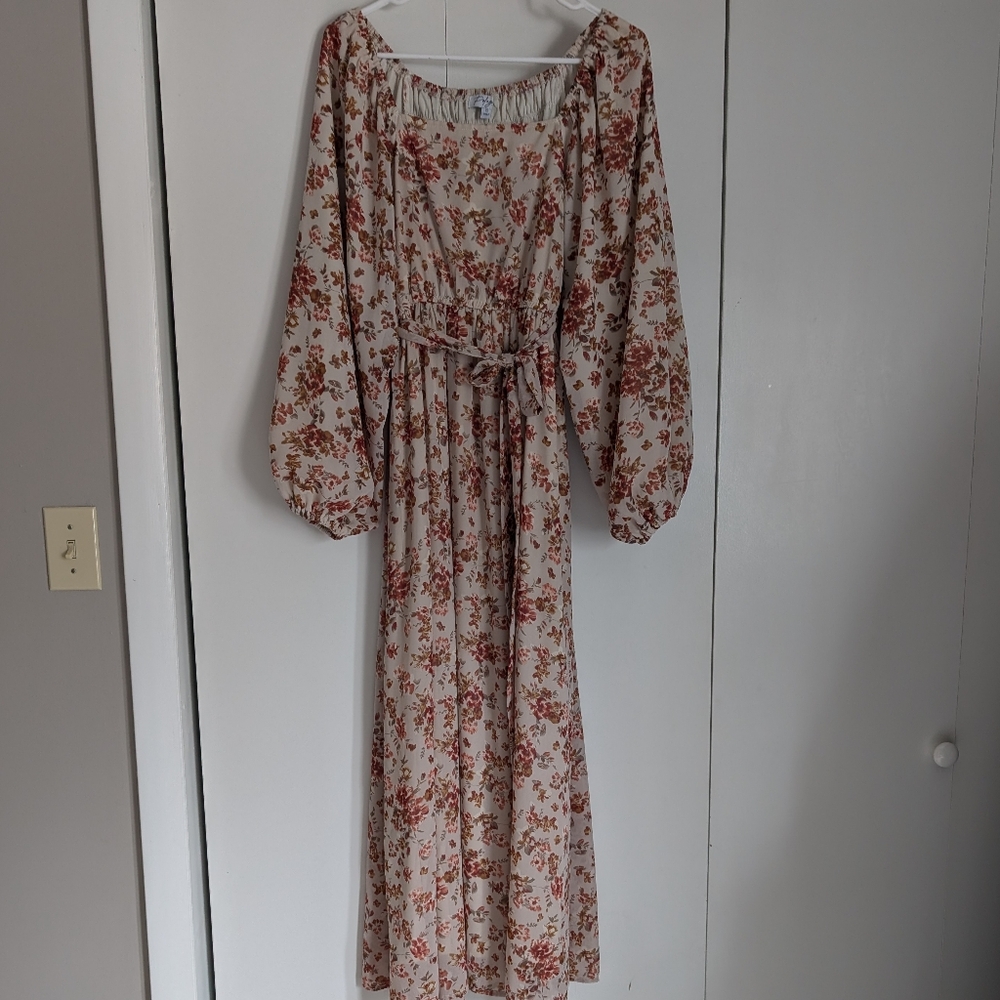Polagram Floral Long Sleeve Dress - Cream and Red